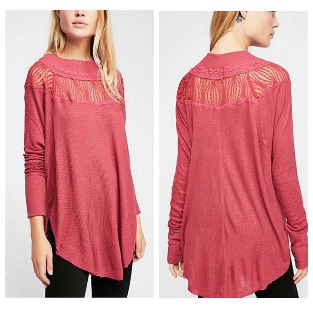 FREE PEOPLE Spring Valley Lace Trim Waffle Knit Top size XS/S Oversized
